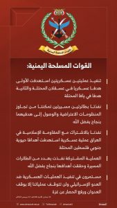انفو جرافيك ـ بيان القوات المسلحة بشأن تنفيذ عمليتين عسكريتين  الأولى استهدفت هدفا عسكريا في عسقلان المحتلة والثانية هدفا في يافا المحتلة