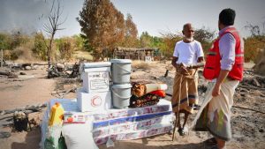 الهلال الاحمر الهلال الأحمر يوزع مساعدات إغاثية لأسر متضررة من حريق في الحديدة