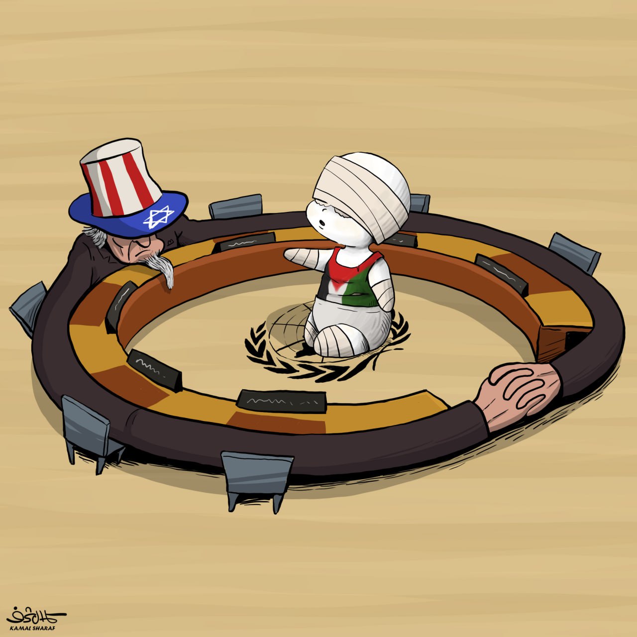 كاريكاتير..  أمريكا الصهيونية تجبر الأمم المتحدة على إدانة الضحايا في غزة !!