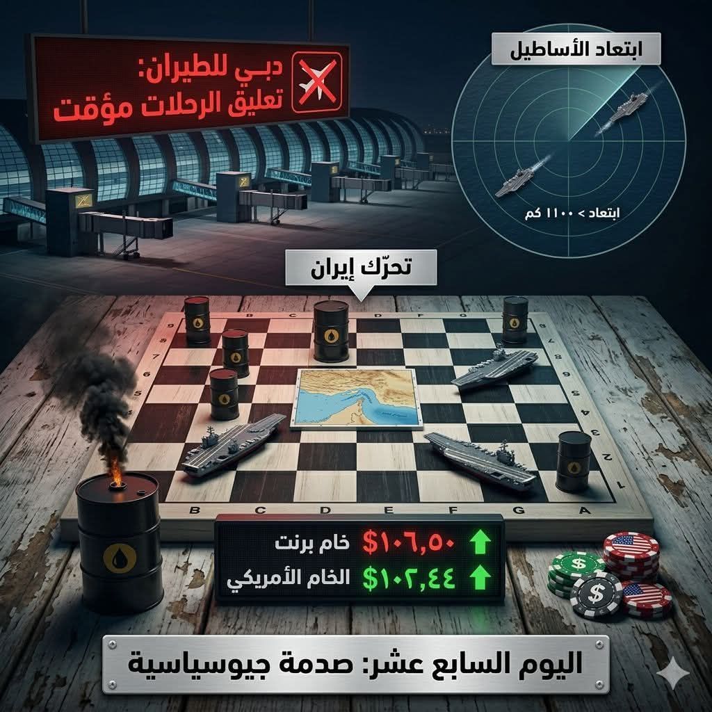 فجر اليوم السابع عشر: ترامب يواجه “كابوس العزلة” ويهذي بـ “الذكاء الاصطناعي”.. حاملات الطائرات تفرّ، دبي تُغلق مطارها، وبرميل النفط يشعل الاقتصاد العالمي بـ 106 دولارات! 