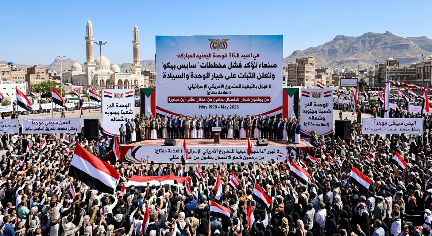 في العيد الـ36 للوحدة اليمنية المباركة: صنعاء تؤكد فشل مخططات “سايس بيكو” وتعلن الثبات على خيار الوحدة والسيادة