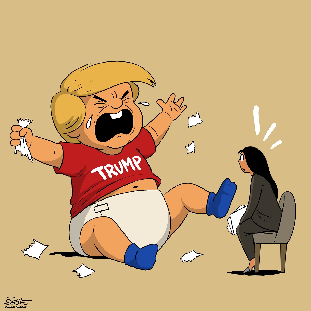 كاريكاتير.. بسلوك طفل نرجسي معتوه.. ترامب يهرب من مقابلة تلفزيونية !