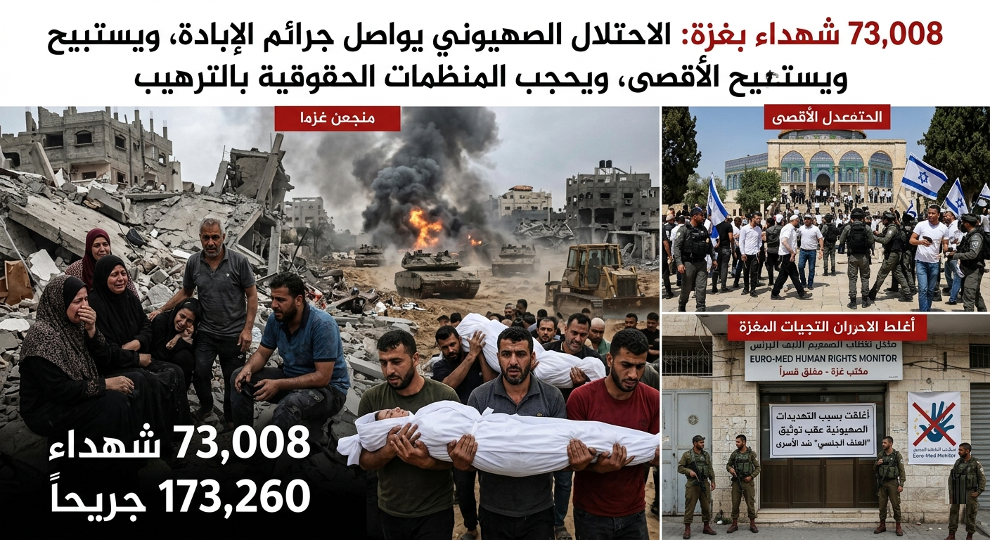 73,008 شهداء بغزة : الاحتلال الصهيوني يواصل جرائم الإبادة، ويستبيح الأقصى، ويحجب المنظمات الحقوقية بالترهيب