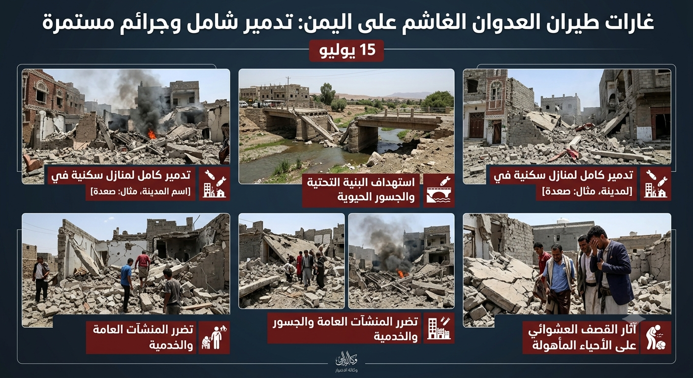 في مثل هذا اليوم 15 يوليو جرائم العدوان الأمريكي السعودي الإماراتي بحق اليمن