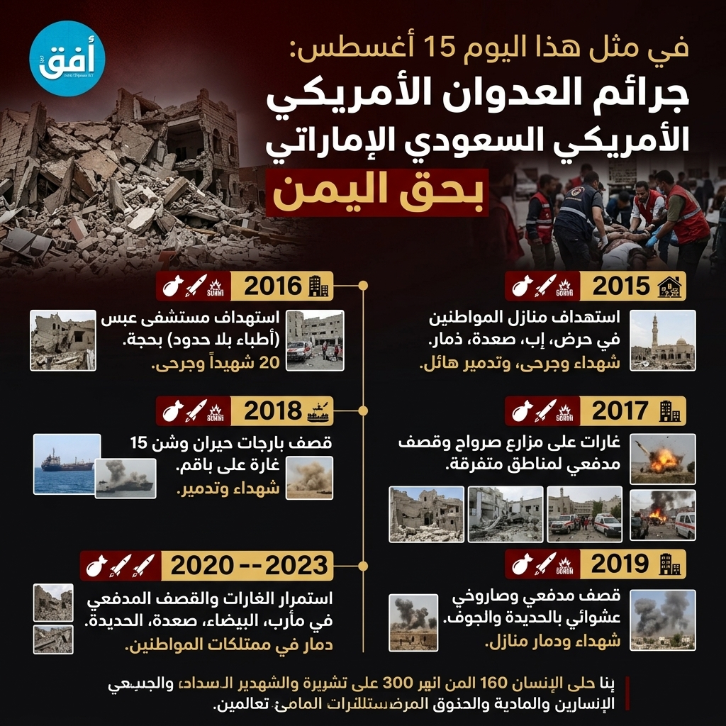 في مثل هذا اليوم 15 أغسطس جرائم العدوان الأمريكي السعودي الإماراتي بحق اليمن