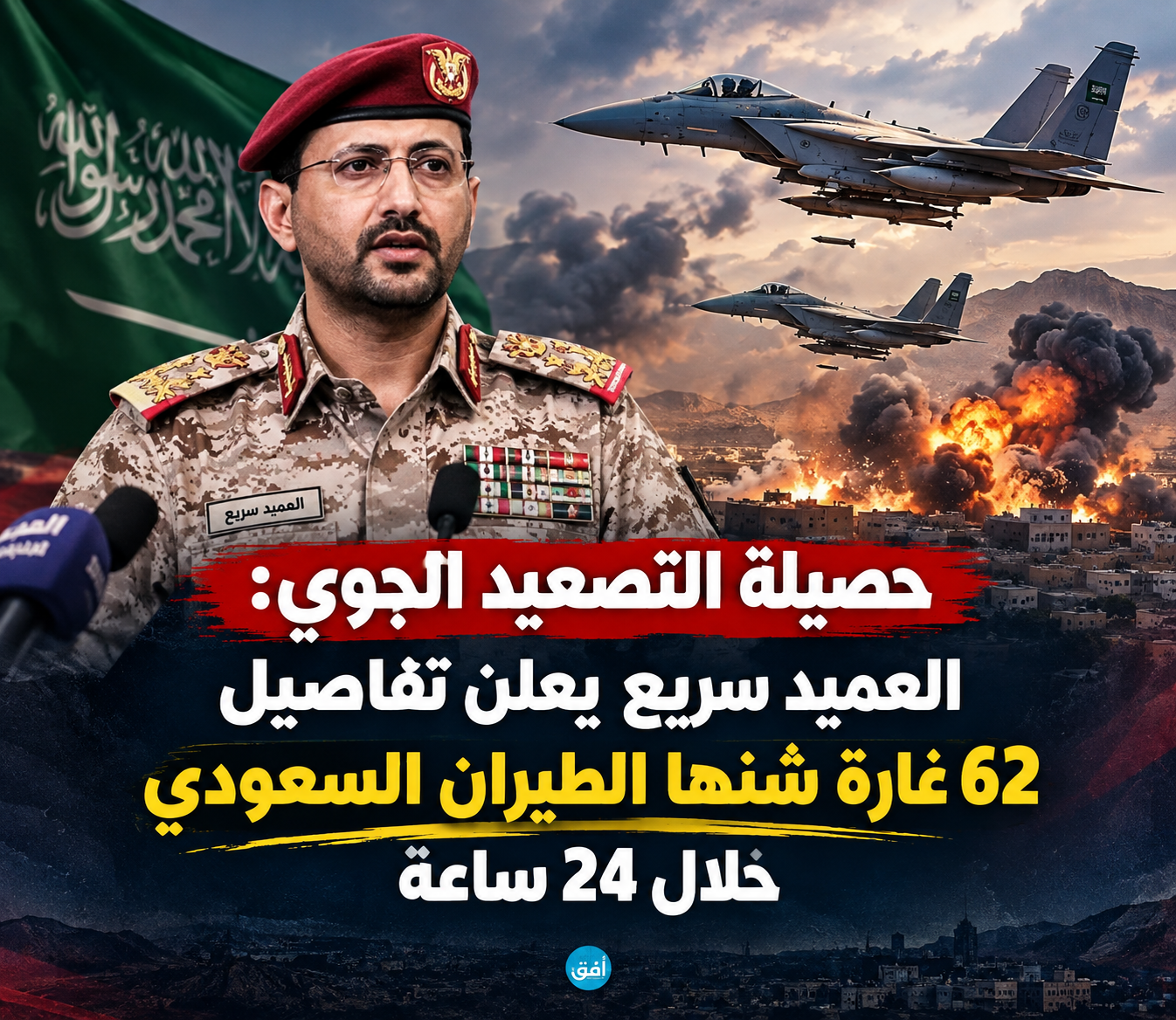 حصيلة التصعيد الجوي: العميد سريع يعلن تفاصيل 62 غارة شنها الطيران السعودي خلال 24 ساعة