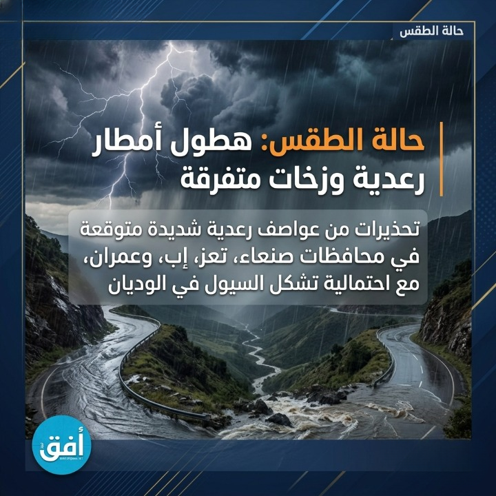 حالة الطقس: يتوقع هطول أمطار رعدية على أجزاء من عدة محافظات