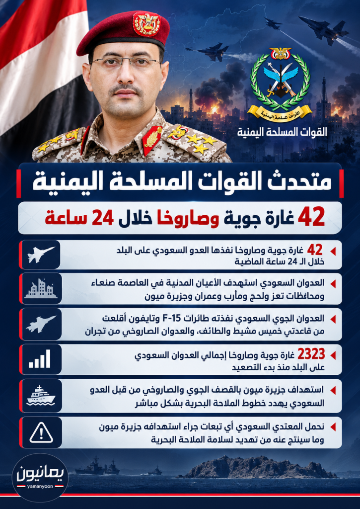 نبأ خطير من صنعاء.. القوات المسلحة تُحمّل السعودية تبعات قصف ميون وتهديد سلامة الملاحة البحرية